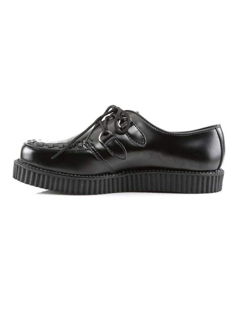Left side view of CREEPER-602 black leather creepers with lace-up front and ribbed platform sole
