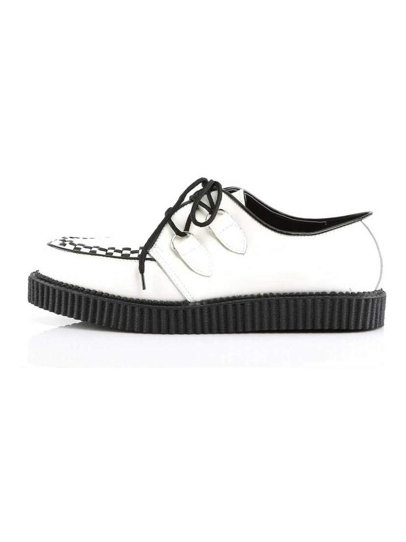 Left side view of CREEPER-602 white leather creeper shoe with black platform sole and lace-up front