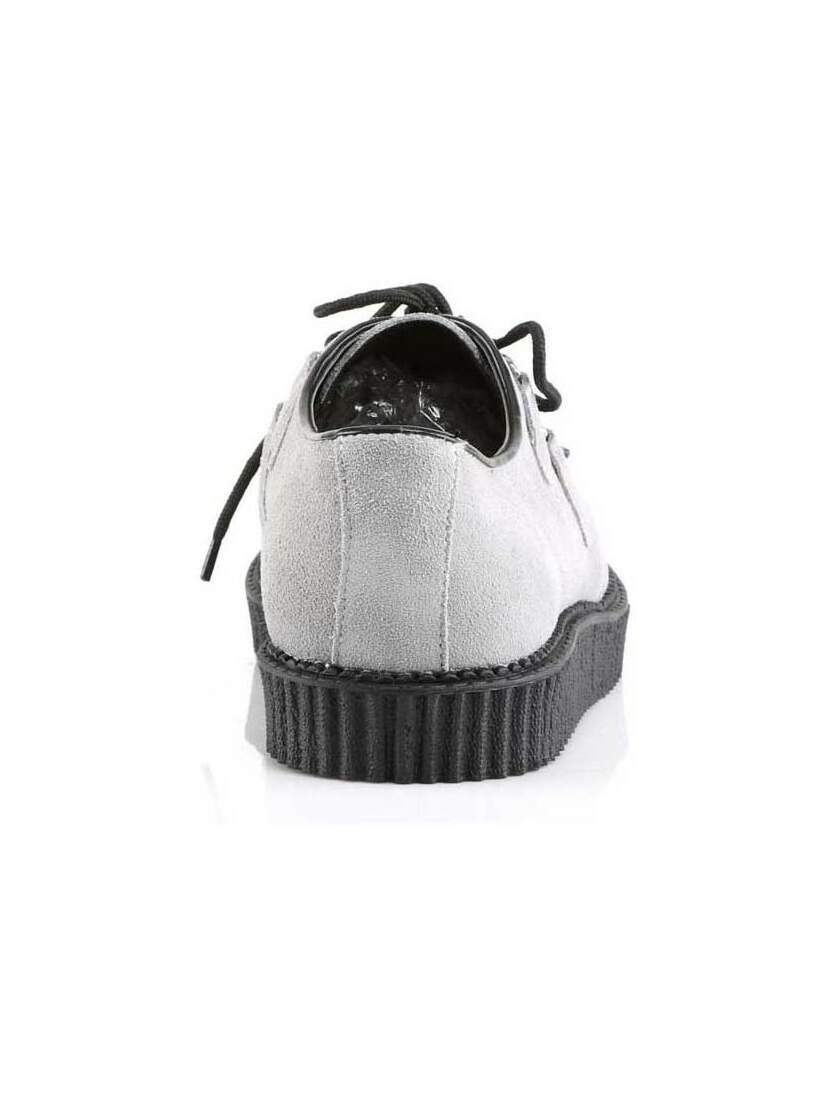 Rear view of CREEPER-602S Grey Creeper Shoes with suede upper and black platform sole