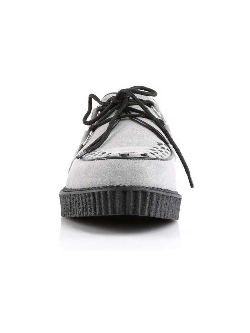 Front view of CREEPER-602S grey creeper shoe with black platform sole and black laces