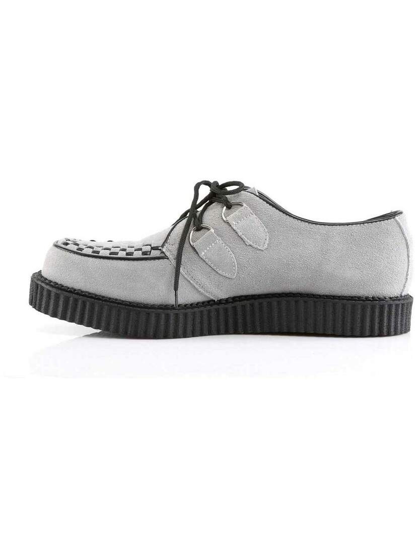 Left side view of CREEPER-602S grey creeper shoes with black platform sole and lace-up front
