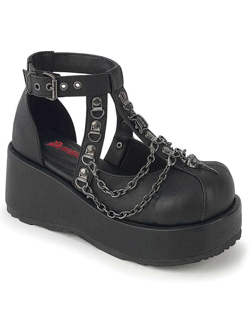 CUBBY-28 Platform Cage Shoes by Demonia Black platform cage shoes with chain details and ankle strap by Demonia, featuring a chunky sole.
