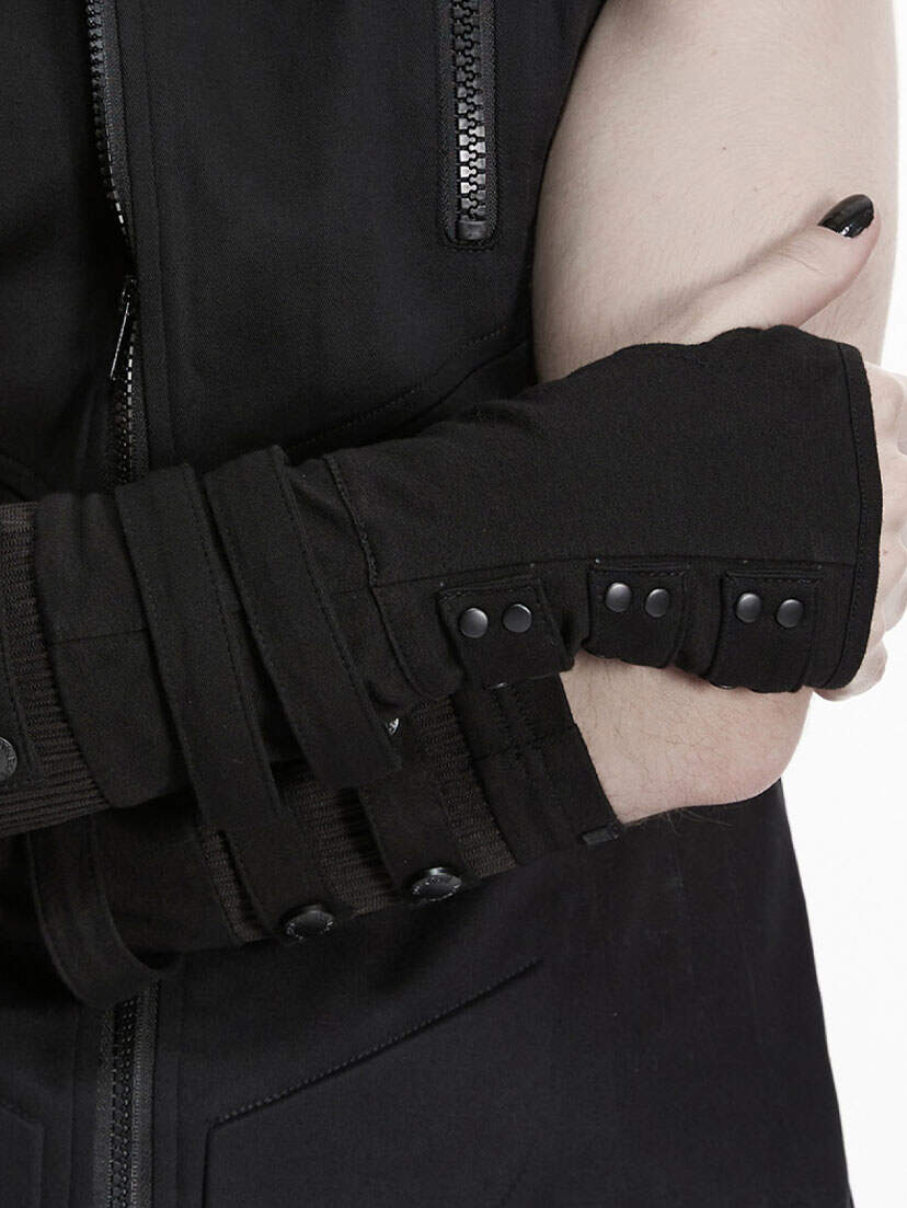 Cyber Punk 26 Fingerless Gloves Black fingerless gloves worn with a black outfit, showing snap details and exposed fingers.