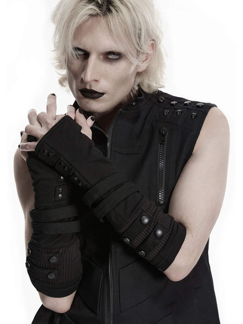 Cyber Punk 26 Fingerless Gloves Person wearing black fingerless gloves with studded straps and sleeveless black top