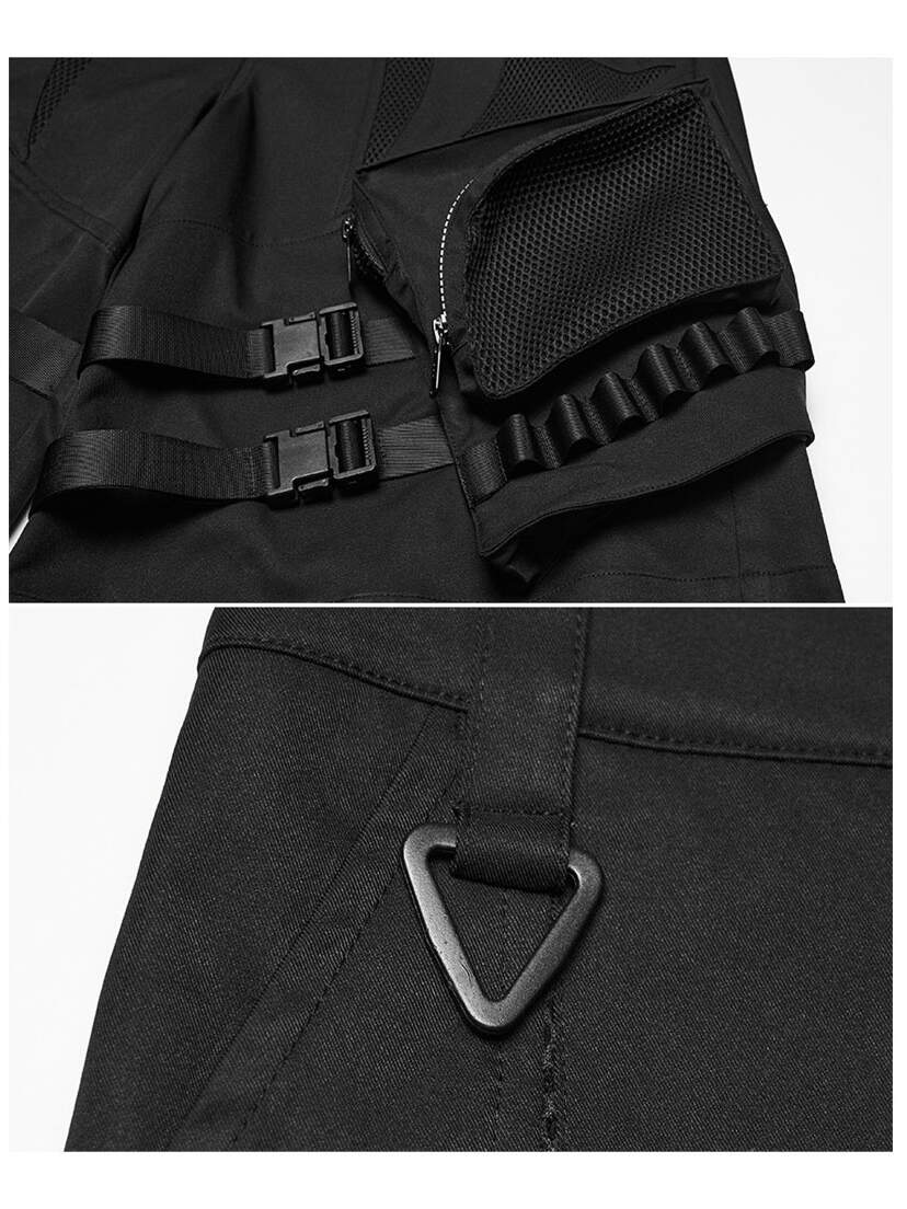 Darkcore Utility Cargo Shorts Black utility cargo shorts with buckle straps and triangular ring detail