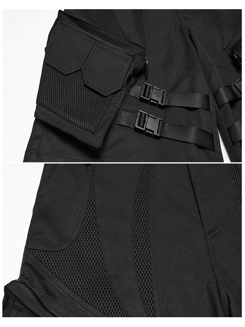 Darkcore Utility Cargo Shorts Black utility cargo shorts with flap pocket, buckle straps, and textured side panel.