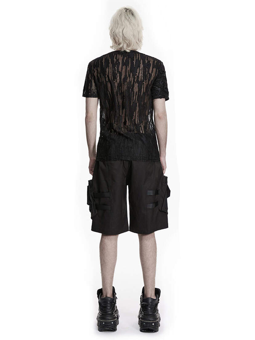Darkcore Utility Cargo Shorts Back view of black utility cargo shorts with side pockets on a model