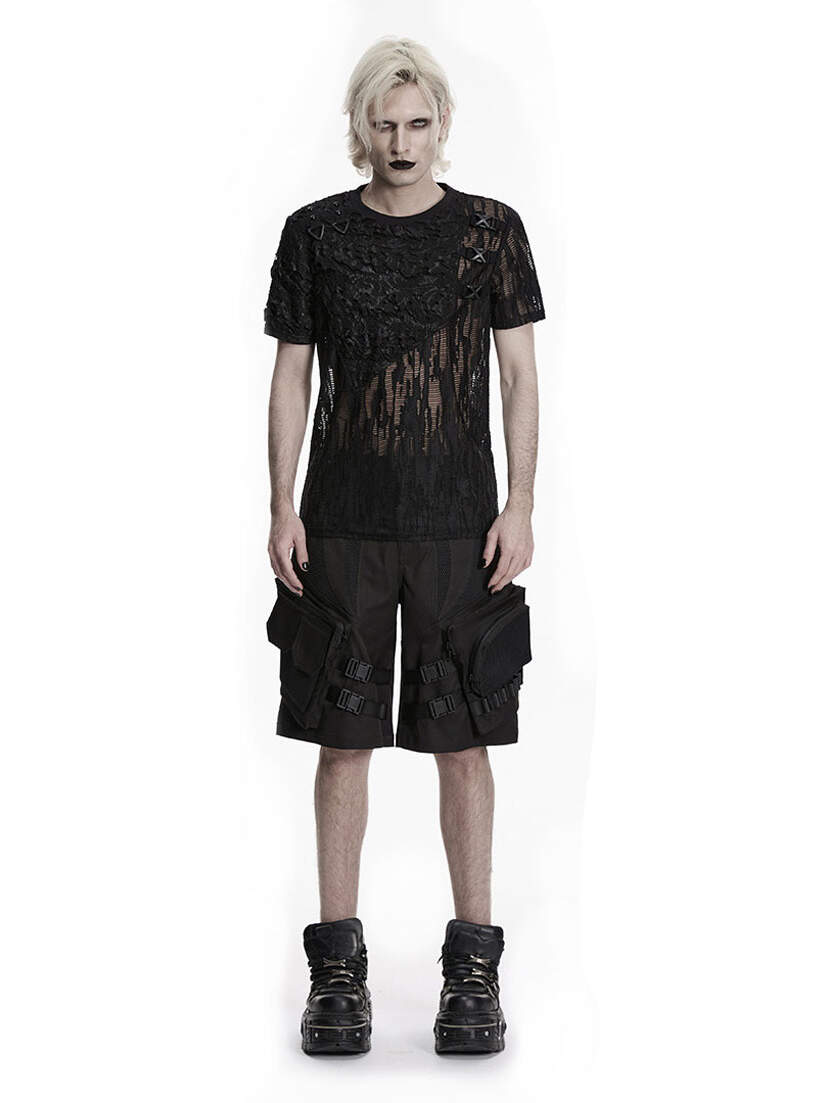 Darkcore Utility Cargo Shorts Black cargo shorts and black graphic T-shirt worn with black boots on a model