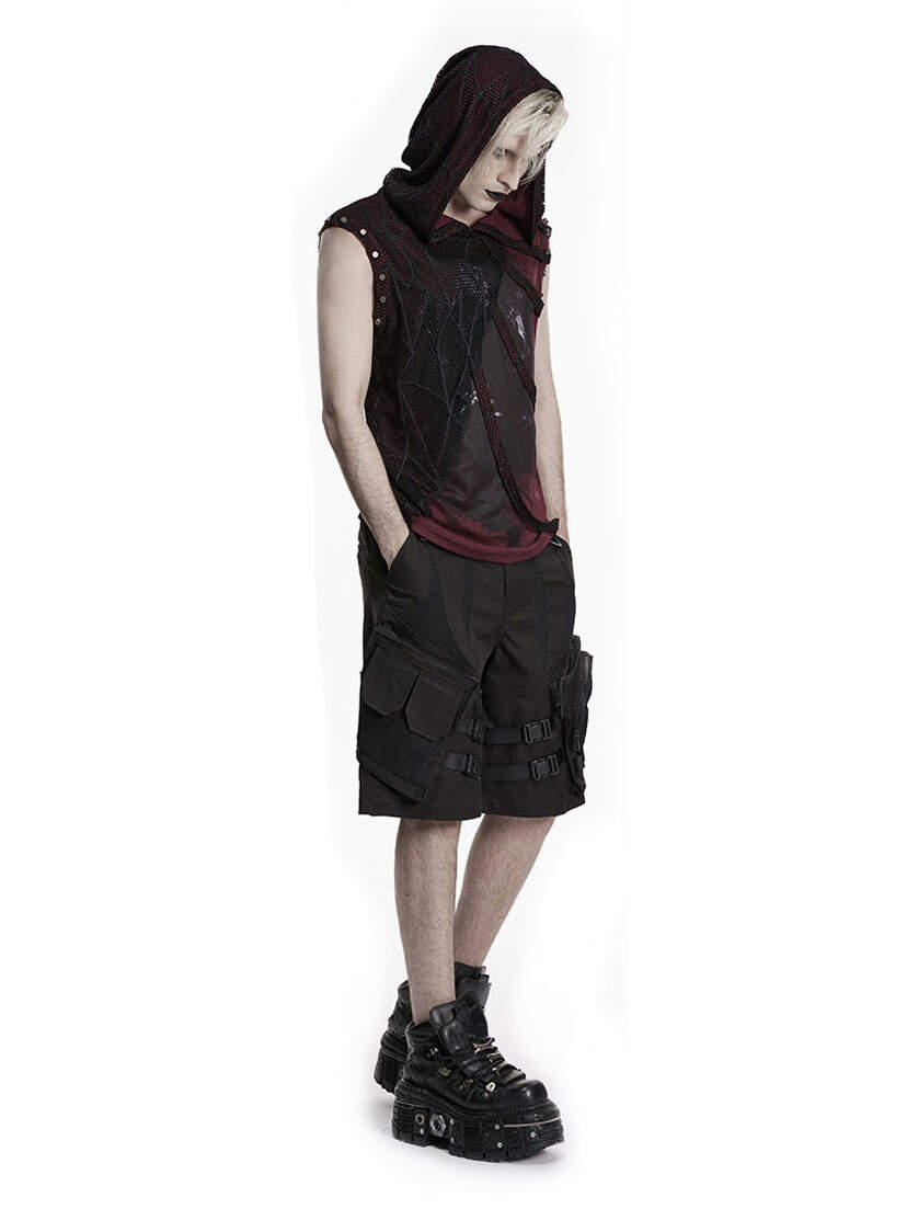 Darkcore Utility Cargo Shorts Person wearing black utility cargo shorts with a sleeveless hooded top and platform boots