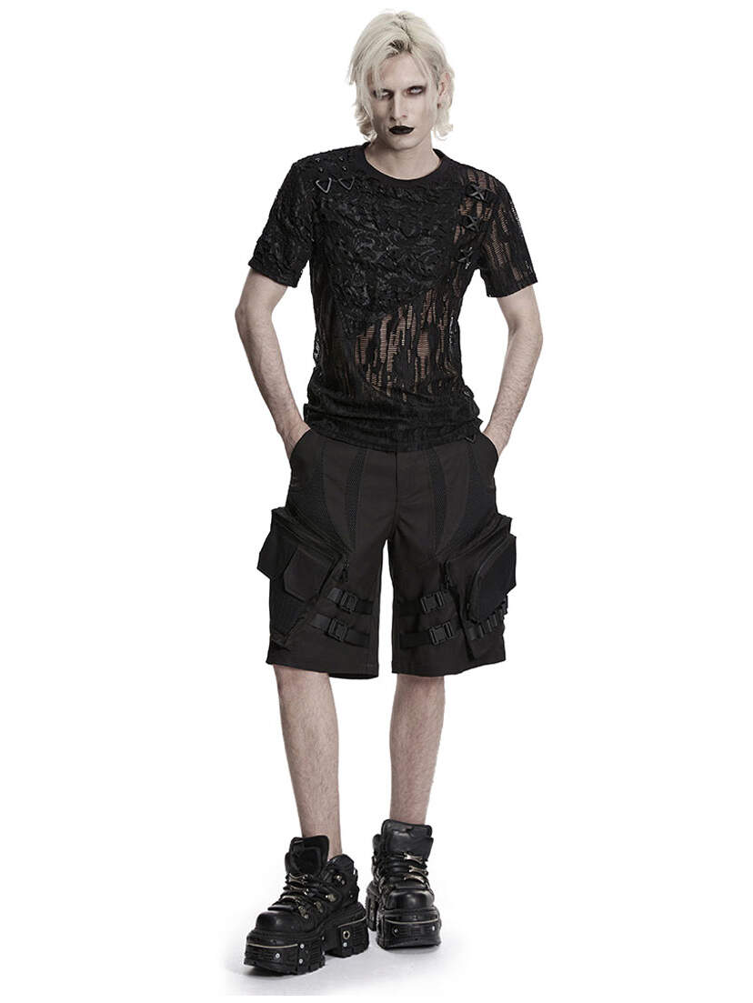 Darkcore Utility Cargo Shorts Black utility cargo shorts worn with a black graphic T-shirt and platform boots