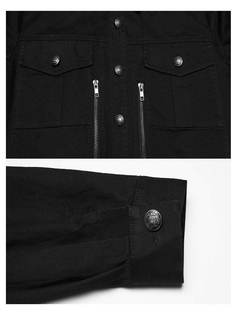 Deadlock Men's Gothic Button-up Shirt Black gothic button-up shirt with snap chest pockets, zip details, and cuffed sleeves
