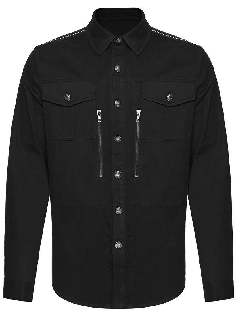 Deadlock Men's Gothic Button-up Shirt Black men's long sleeve button-up shirt with front pockets and zipper details