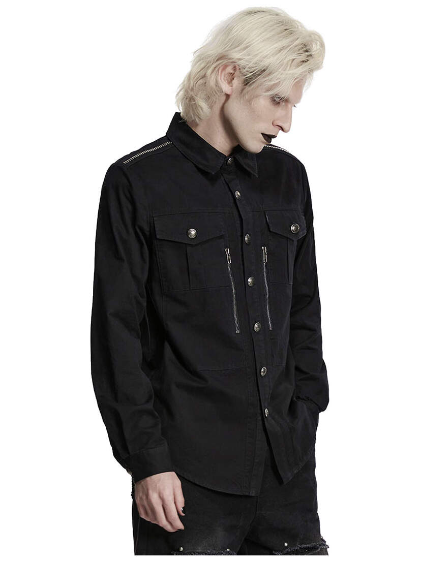 Deadlock Men's Gothic Button-up Shirt Men's black gothic button-up shirt with chest pockets and long sleeves, shown from the side