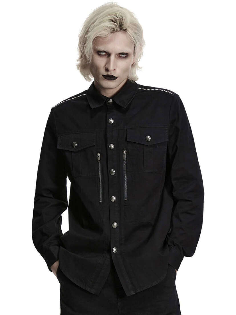 Deadlock Men's Gothic Button-up Shirt Men's black gothic button-up shirt with chest pockets and long sleeves on a model