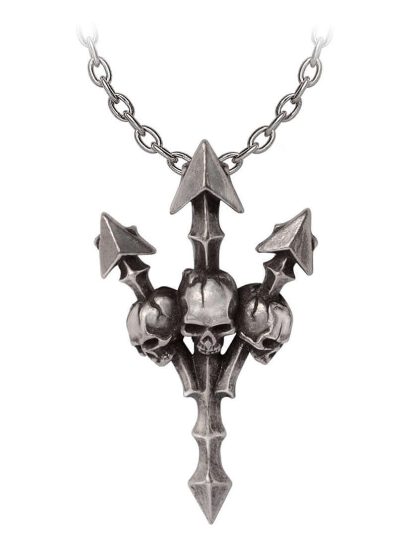 Deadly Trident Pendant Gothic Necklace Gothic necklace featuring a deadly trident pendant with skull accents and a silver chain.