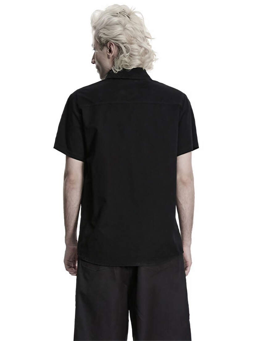 Death Knot Men's Short Sleeve Shirt Back view of a black short sleeve shirt on a model with light blond hair