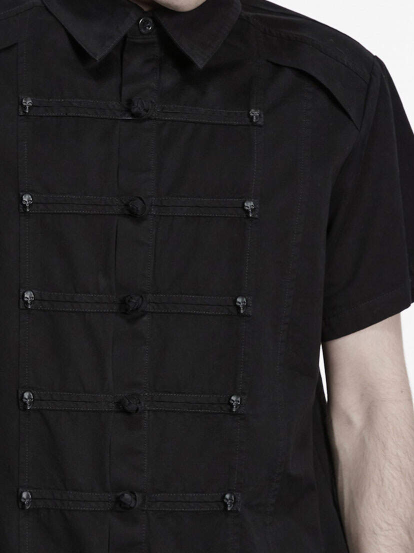 Death Knot Men's Short Sleeve Shirt Black men's short sleeve shirt with front buttons and chest straps on a model.