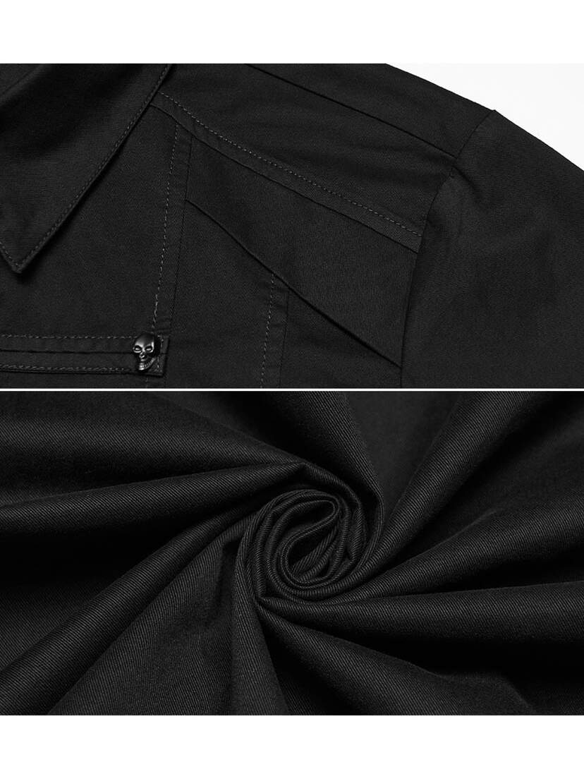Death Knot Men's Short Sleeve Shirt Black men's short sleeve shirt with pointed collar, chest pocket, and fabric detail.