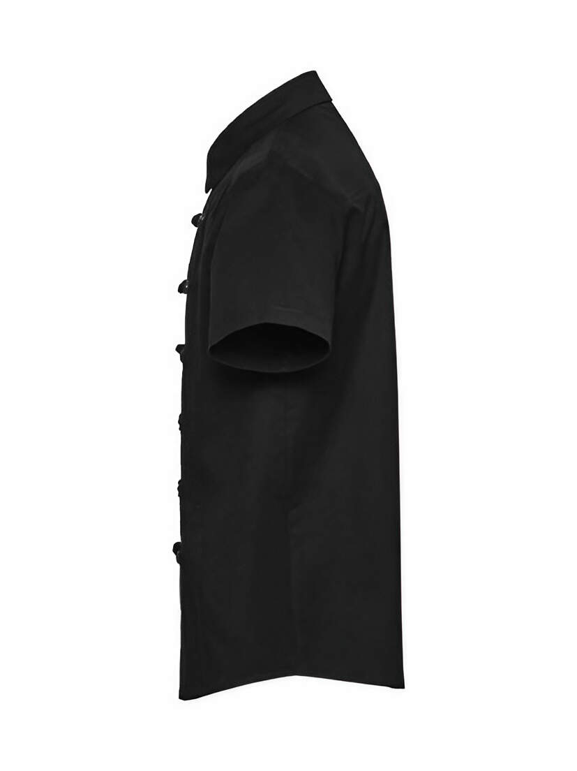 Death Knot Men's Short Sleeve Shirt Black men's short sleeve shirt shown in side view with button front.