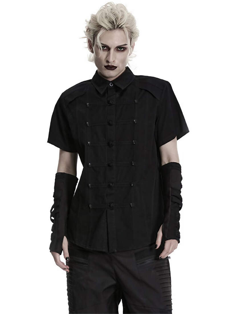 Death Knot Men's Short Sleeve Shirt Black short sleeve button-up shirt worn by a model with black arm warmers