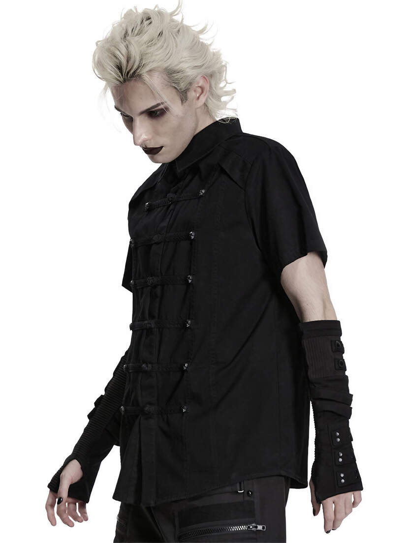 Death Knot Men's Short Sleeve Shirt Man wearing a black short sleeve shirt with long gloves and white spiked hair