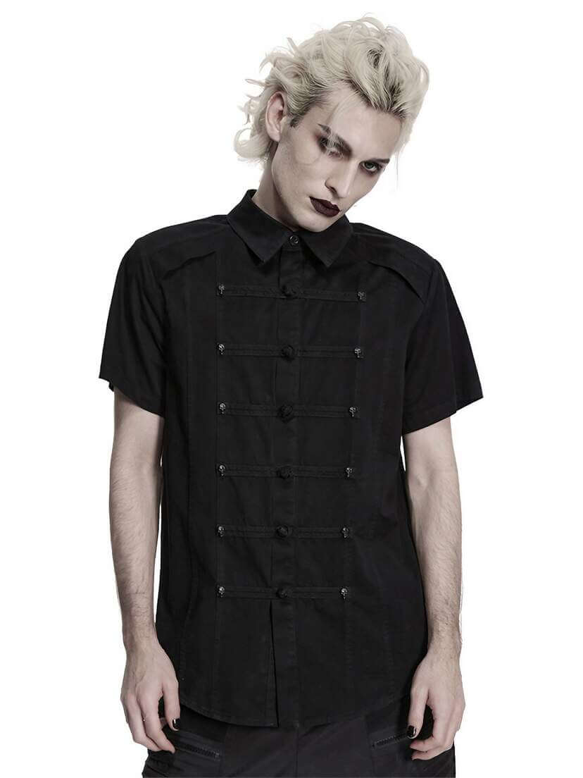 Death Knot Men's Short Sleeve Shirt Men's black short sleeve shirt with button front and chest pockets on a model
