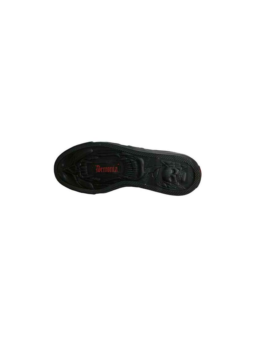 Bottom view of DEVIANT-04 Black Spike Sneakers with skull and bone tread pattern, red Demonia logo