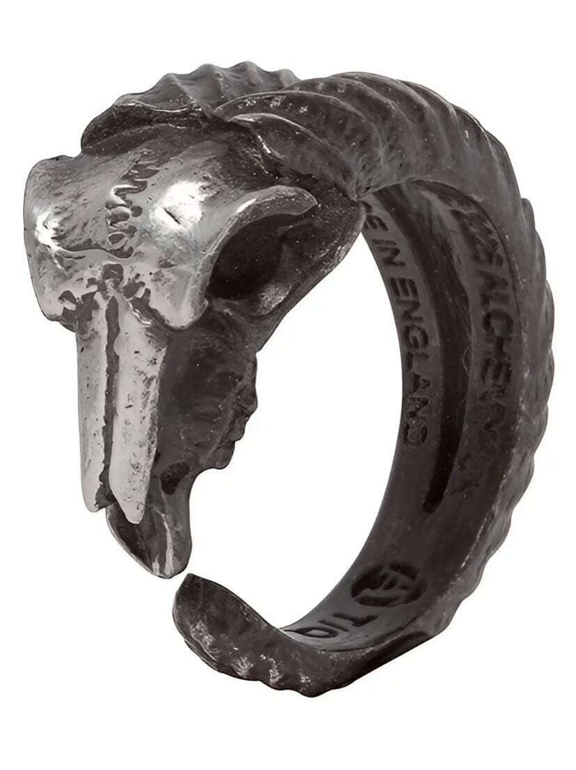 Diabolica Ram Skull Ring Dark ram skull ring with curved horn details and textured metal finish