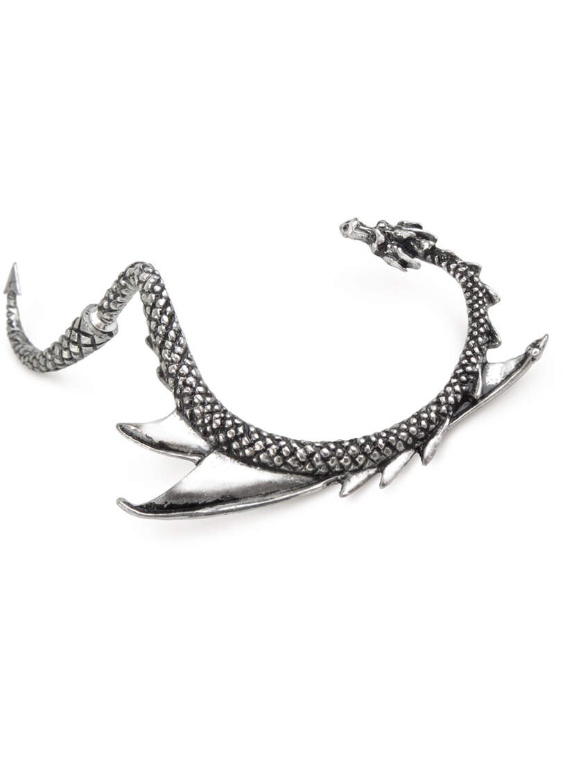 Close-up of The Dragons Lure left ear earring cuffs with dragon scale design and pointed accents
