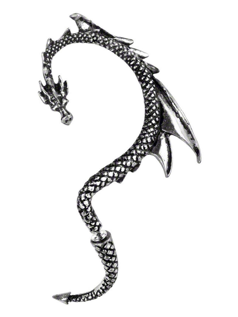 Line drawing of The Dragons Lure left ear earring cuffs featuring a dragon design with scales and wings