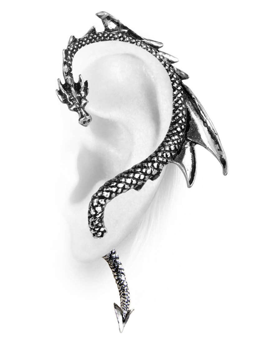 Left ear earring cuff designed as a dragon with detailed scales, wings, and tail in silver tone