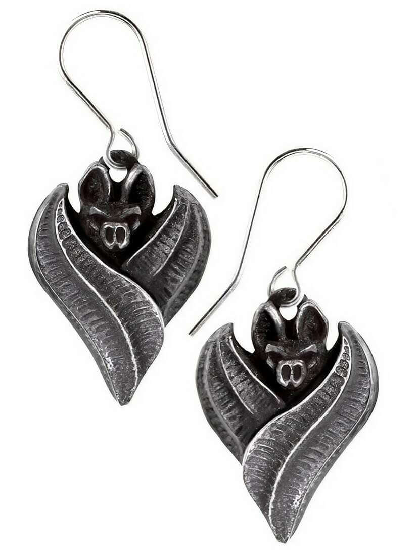 Gothic bat dropper earrings featuring a bat design nestled in leaf-like elements.