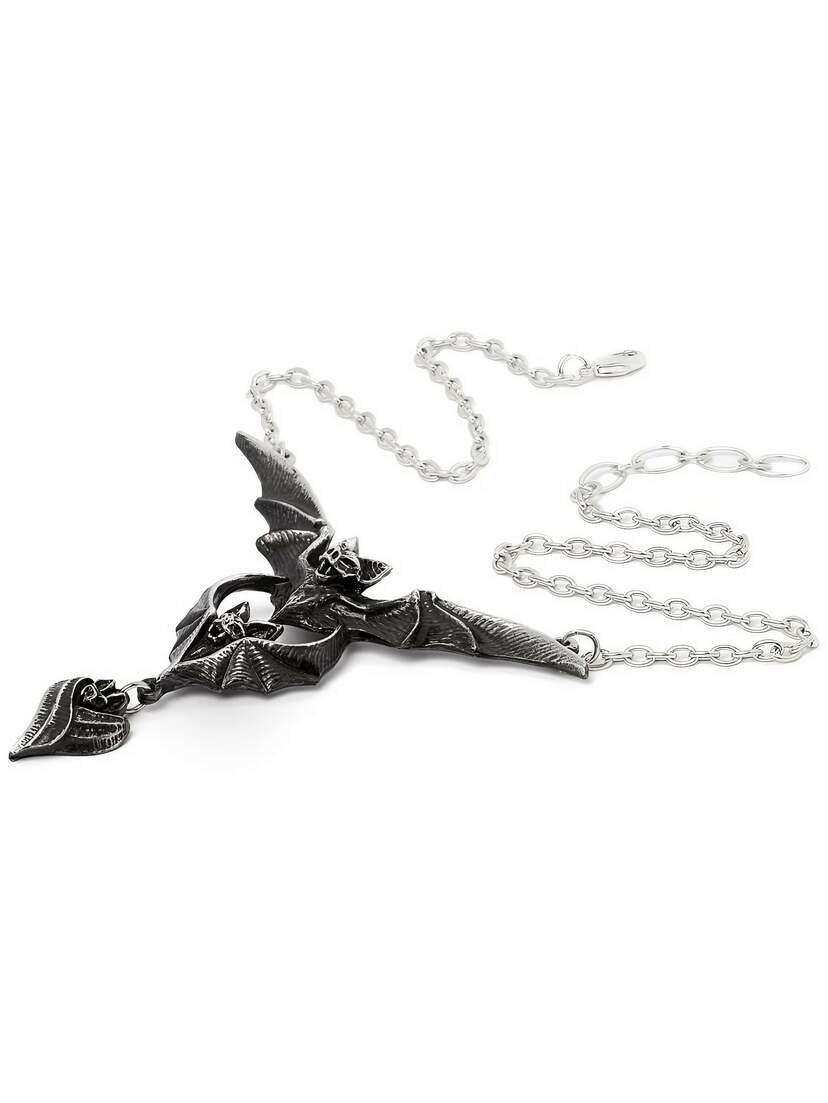 A silver chain necklace featuring a triple bat pendant with intricate detailing.