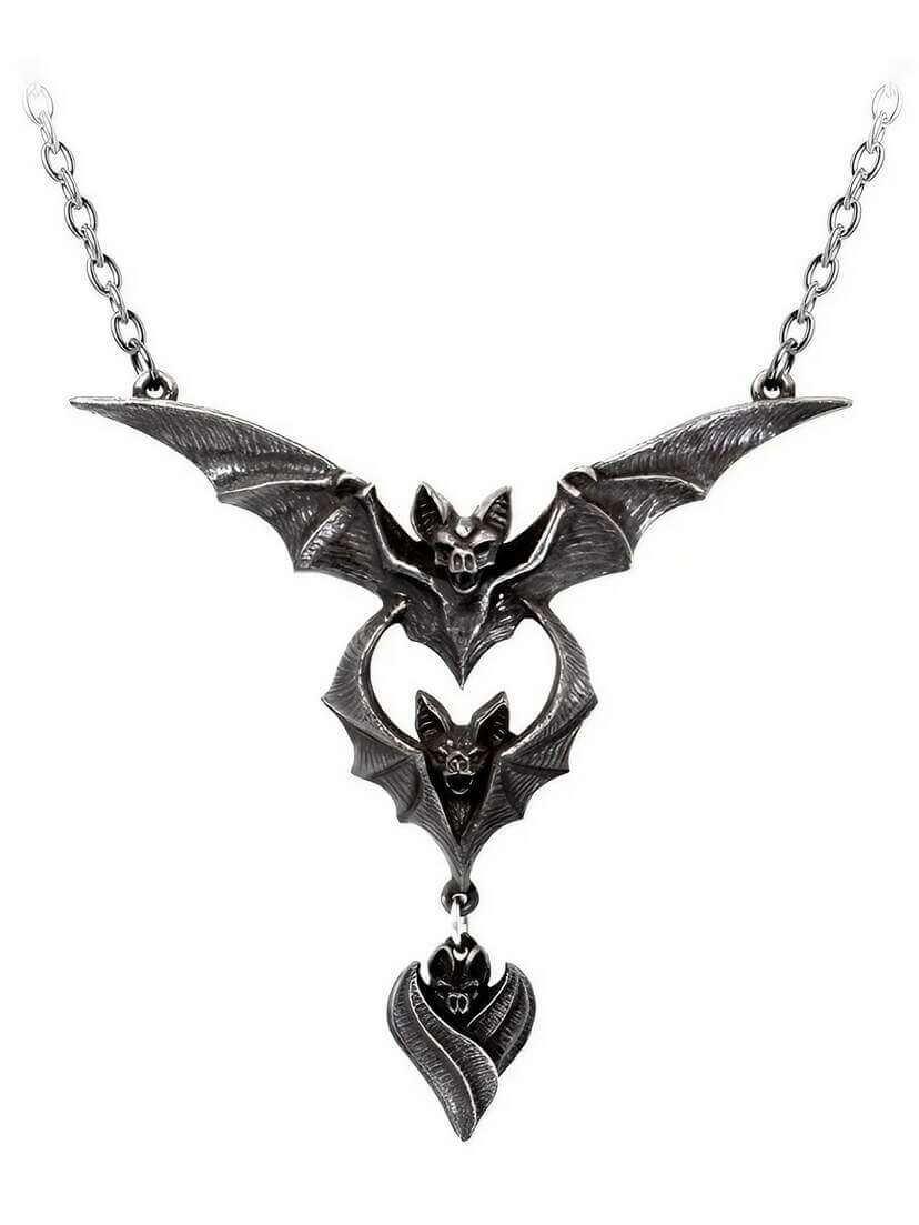 A triple bat pendant necklace with intricate details and a heart-shaped design, hanging from a chain.