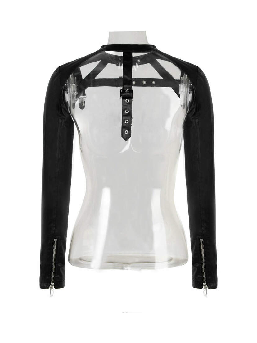 Back view of Fated long sleeve harness with black straps, grommet details, and zippered sleeves