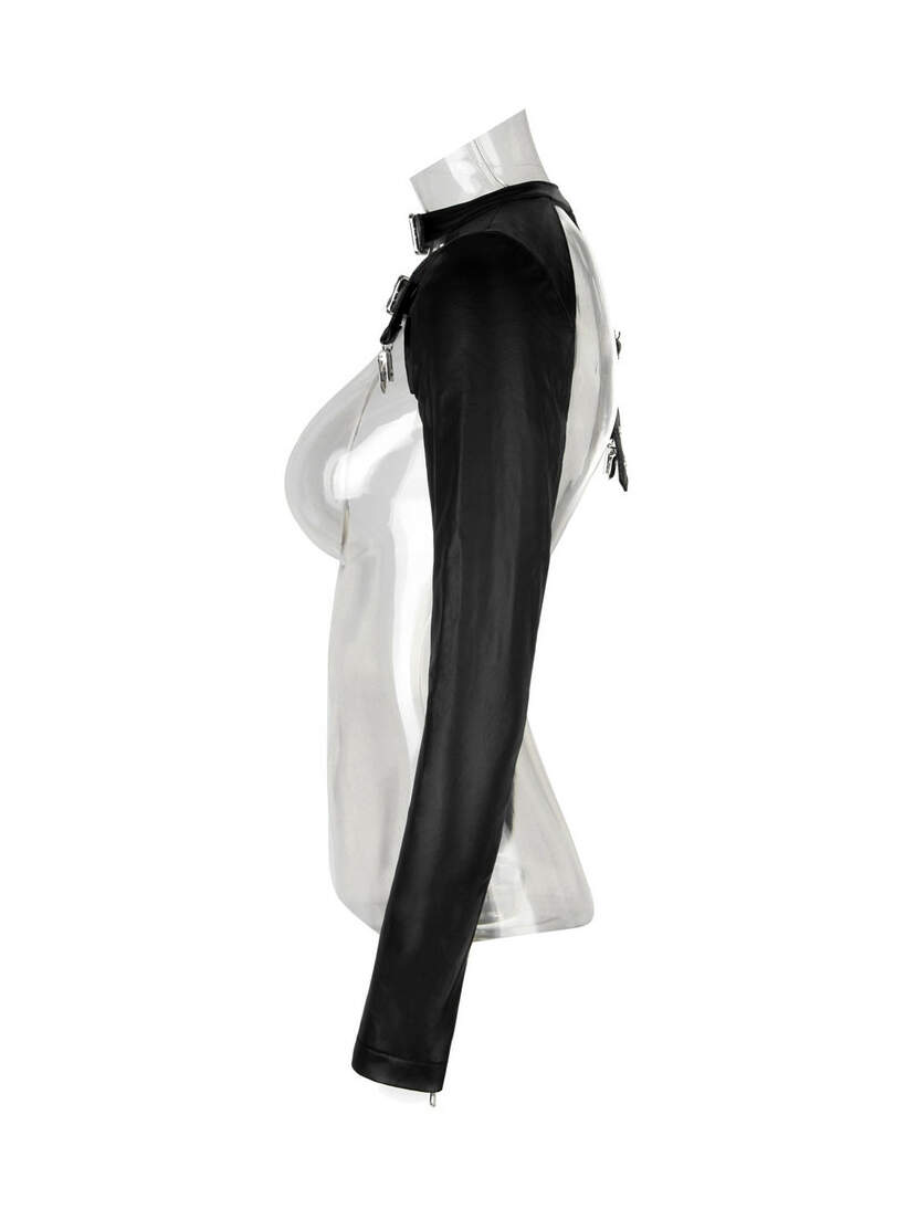 Side view of Fated long sleeve harness in black with high neck collar and zip details on mannequin