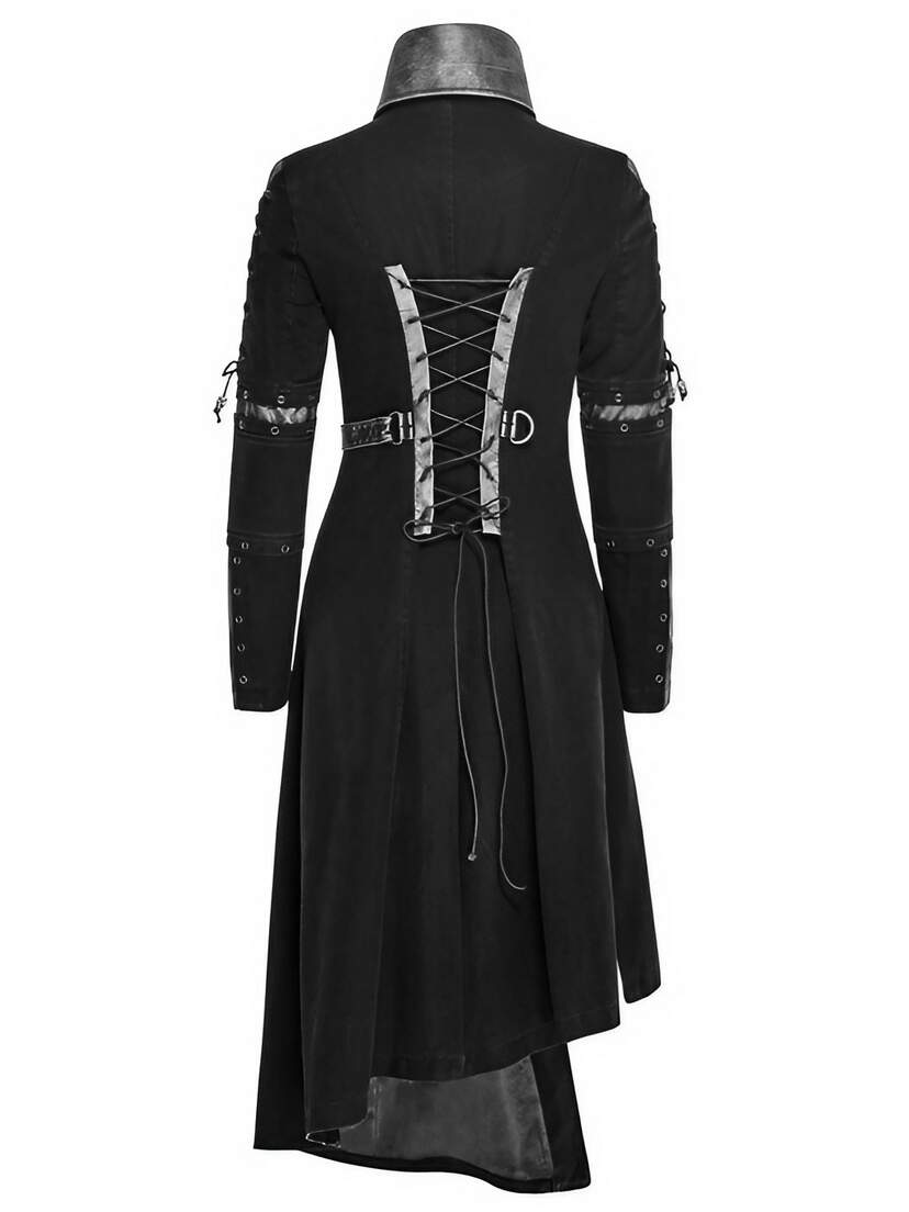 Back view of Final Encounter Women's Post Apocalypse Coat in black with silver hardware and asymmetrical hem