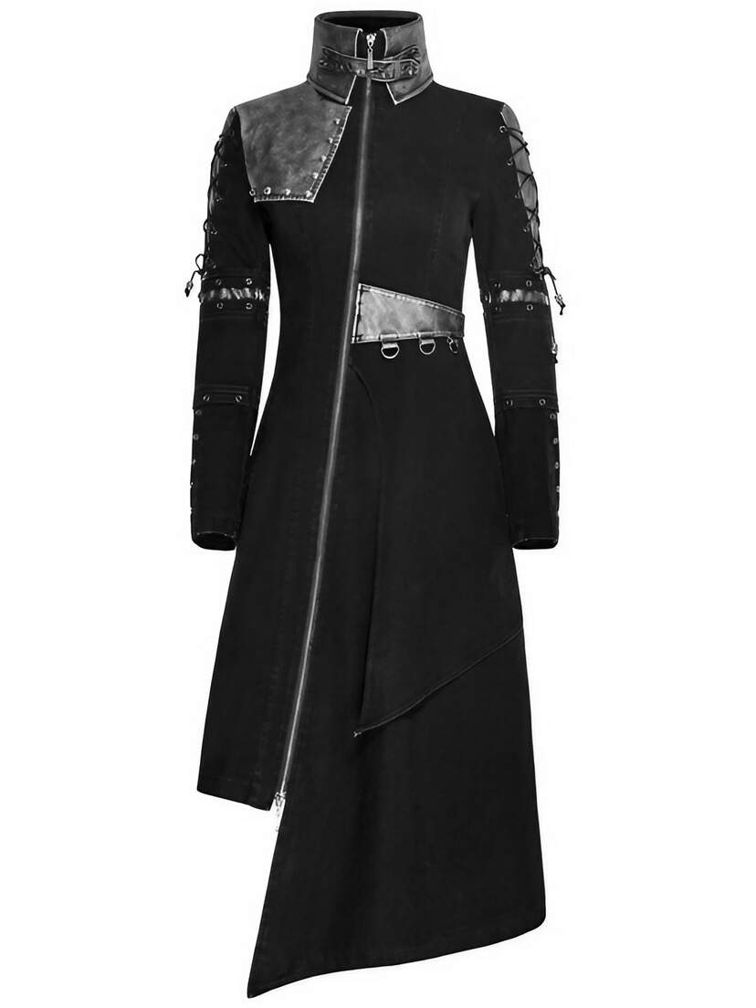 Front view of Final Encounter Women's Post Apocalypse Coat in black with asymmetrical hem and silver accents