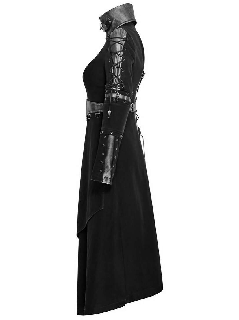 Side view of Final Encounter Women's Post Apocalypse Coat in black with detailed arm and shoulder design