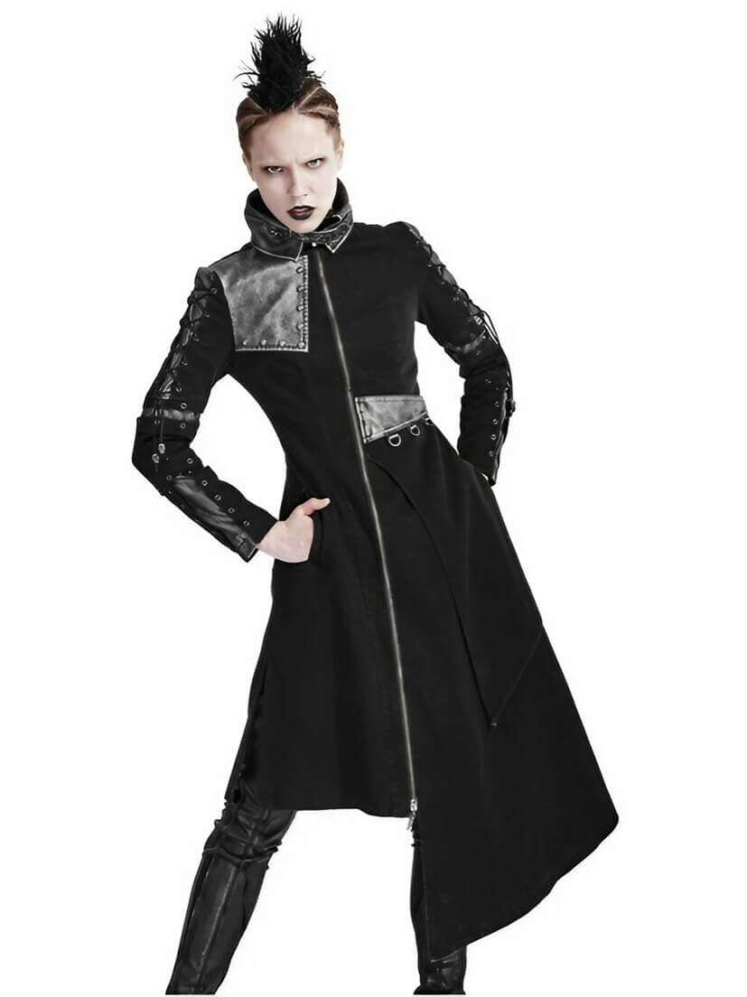Front view of Final Encounter Women's Post Apocalypse Coat in black with silver accents and asymmetrical design