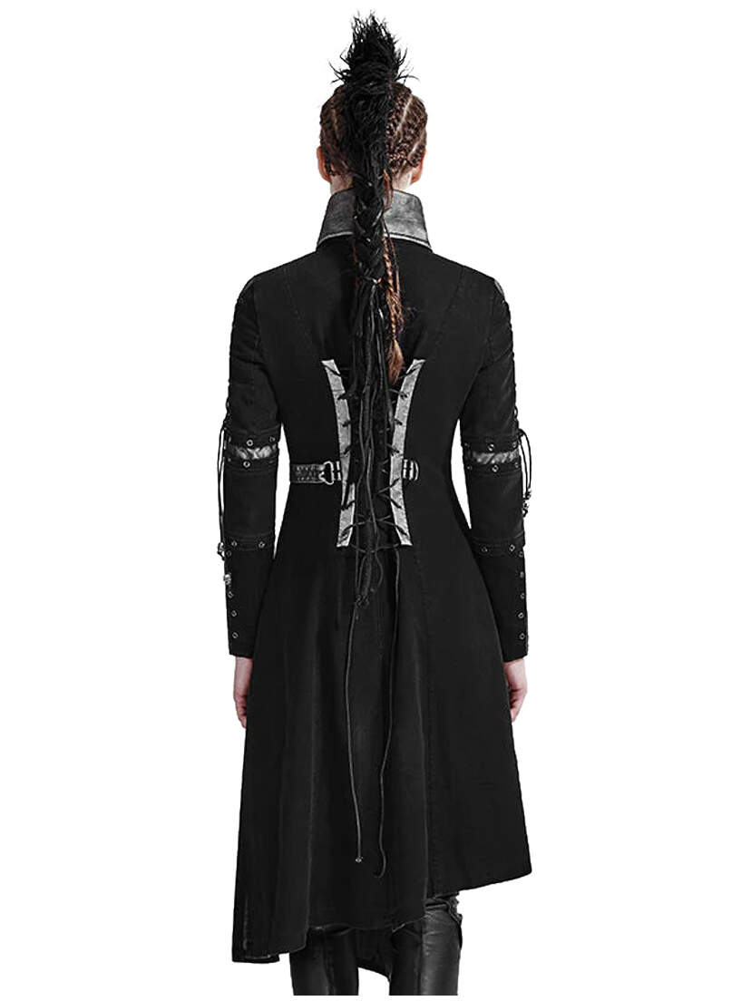 Back view of Final Encounter Women's Post Apocalypse Coat in black with distressed details and belt
