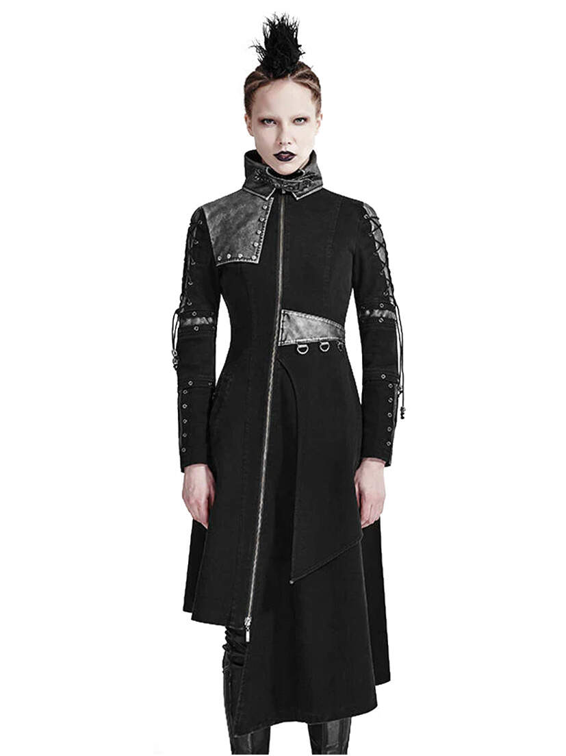 Front view of Final Encounter Women's Post Apocalypse Coat in black with silver accents, high collar, and long length