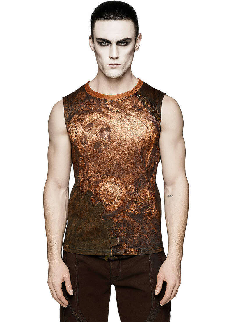 Front view of Gears of Wrath sleeveless shirt with a brown and orange cosmic pattern