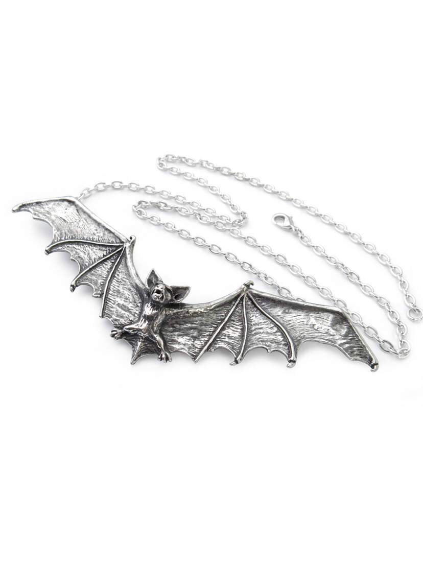 Close-up of Gothic Bat Necklace with detailed bat pendant and chain in silver tone