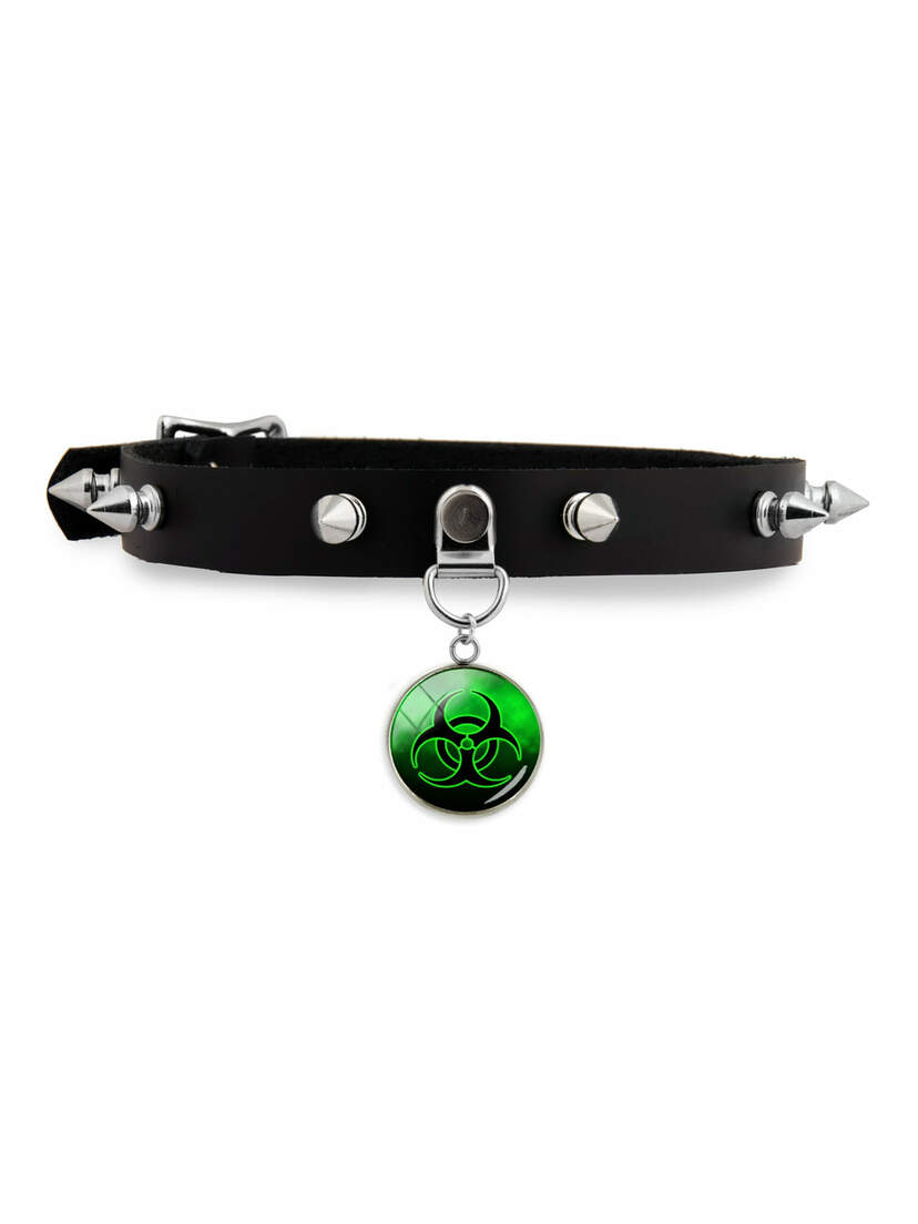 Leather Choker with Green Biohazard