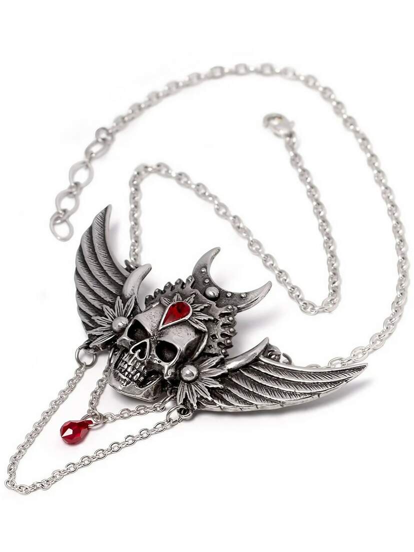 Immortal Ayesha Winged Skull Necklace A silver necklace featuring a winged skull pendant with red accents and a chain design.