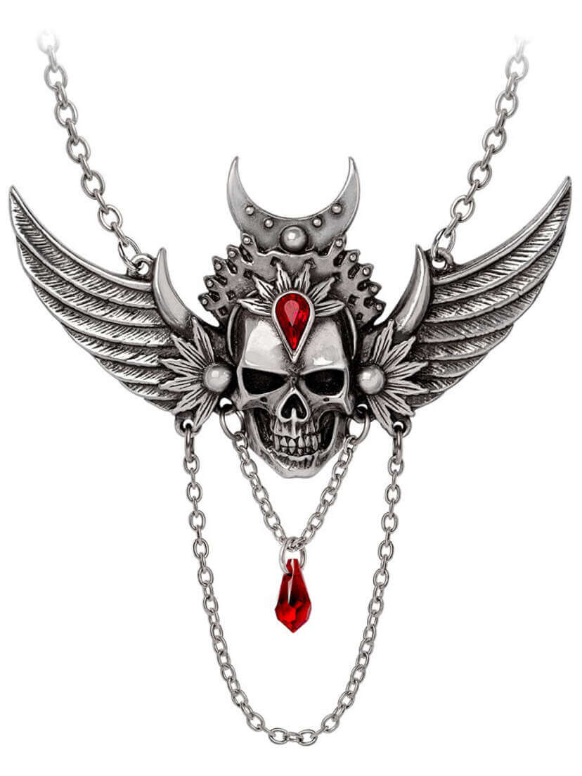 Immortal Ayesha Winged Skull Necklace A silver winged skull necklace featuring red gemstones and intricate detailing.