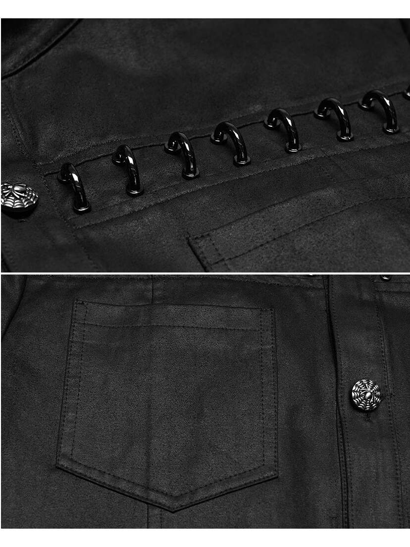 Iron Web Men's Short Sleeve Shirt Black men's short sleeve shirt detail with stitched seam, button placket, and chest pocket