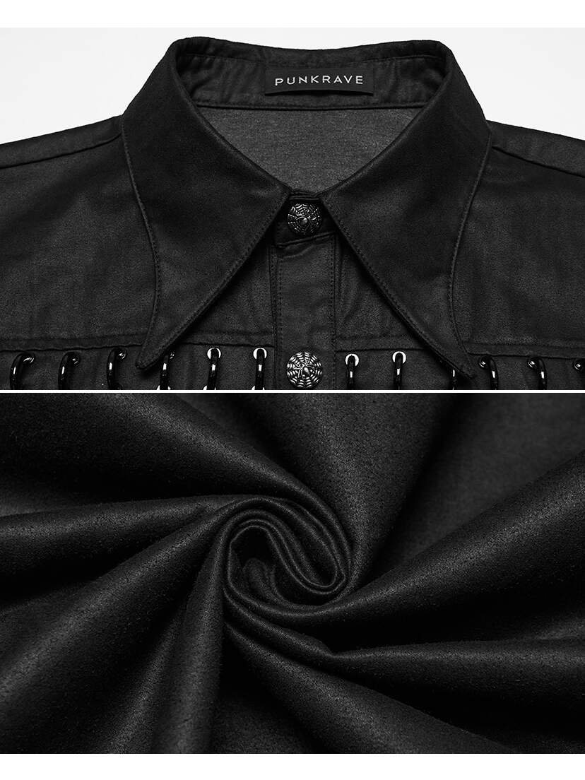 Iron Web Men's Short Sleeve Shirt Black men's short sleeve shirt with pointed collar and textured front detail, shown close up