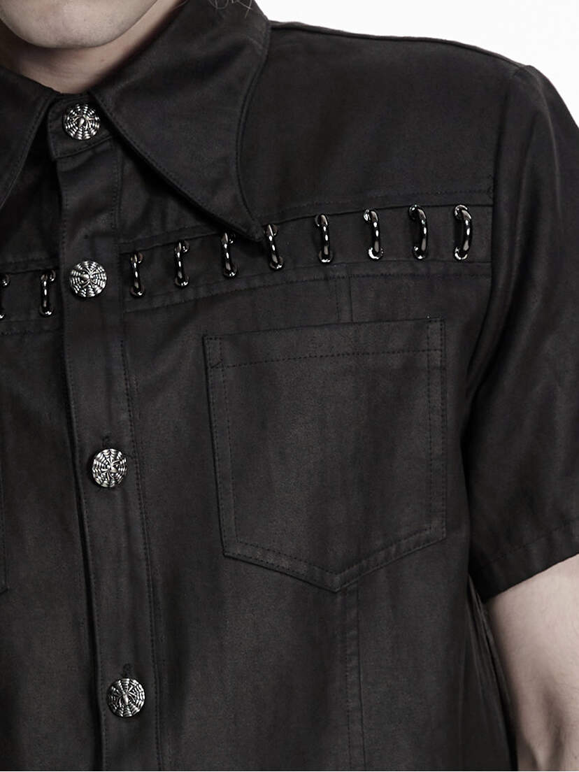 Iron Web Men's Short Sleeve Shirt Black short sleeve shirt with button front, chest pocket, and decorative metal details